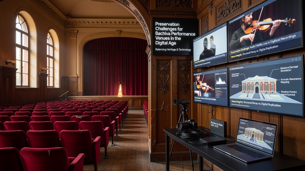 Bachiva venue interior showing integrated digital archiving workstations alongside preserved architectural details